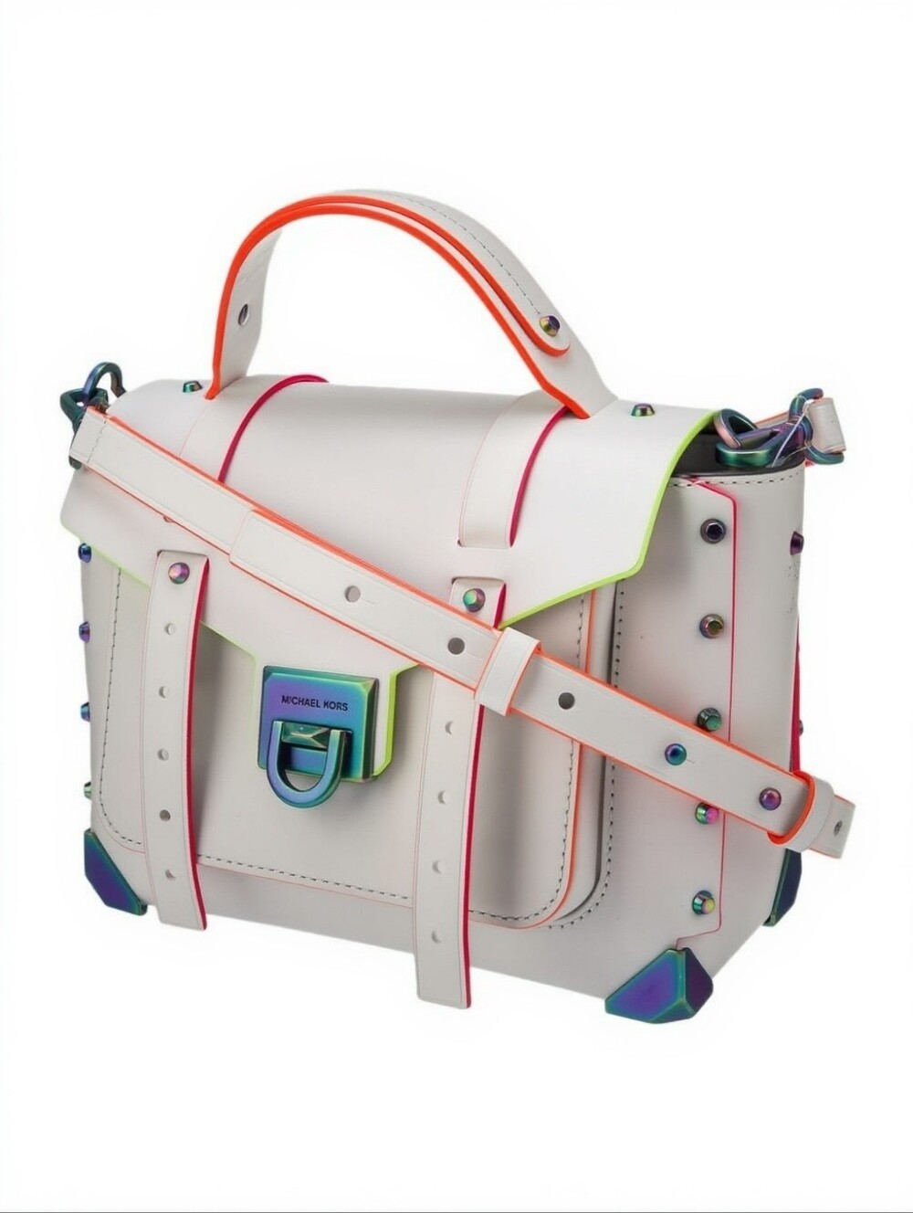🤍 Michael Kors "Manhattan" Neon Contrast-Trim Leather Satchel in Optic White